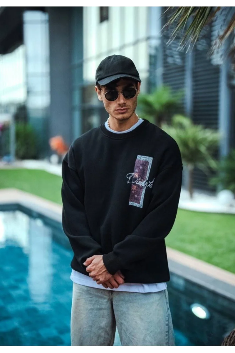 Uzun Kol Bisiklet Yaka Ön ve Arka Baskılı SweatShirt - Siyah