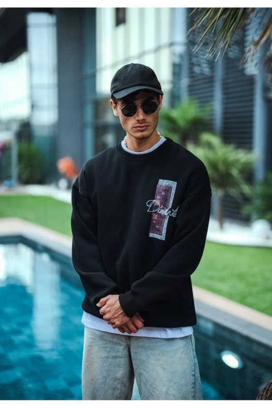 Uzun Kol Bisiklet Yaka Ön ve Arka Baskılı SweatShirt - Siyah