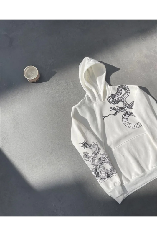 Uzun Kol Kapüşonlu Baskılı SweatShirt - Beyaz