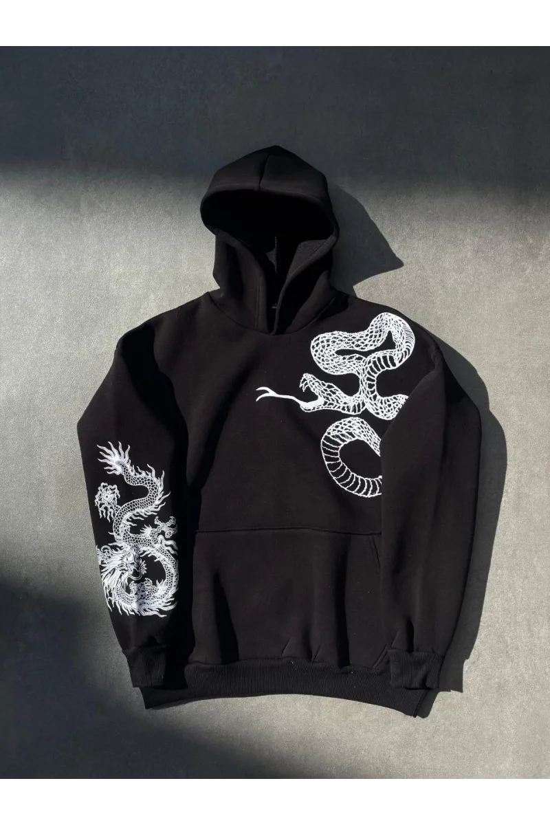 Uzun Kol Kapüşonlu Baskılı SweatShirt - Siyah
