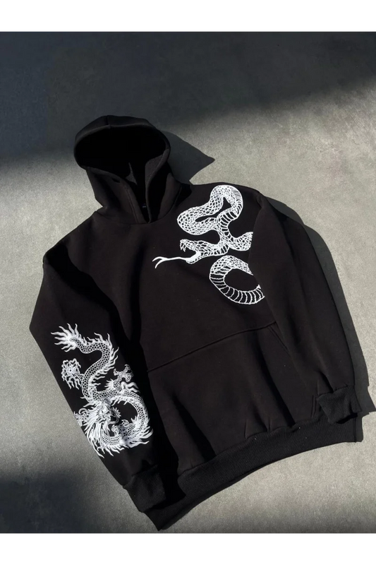 Uzun Kol Kapüşonlu Baskılı SweatShirt - Siyah