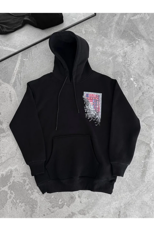 Uzun Kol Kapüşonlu Ön Ve Arka Baskılı SweatShirt - Siyah