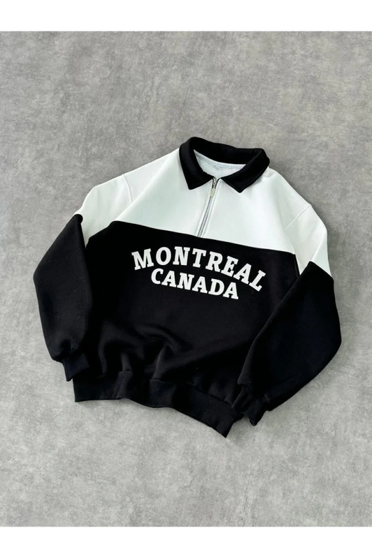 Yarım Fermuarlı Parçalı Yakalı SweatShirt - Siyah